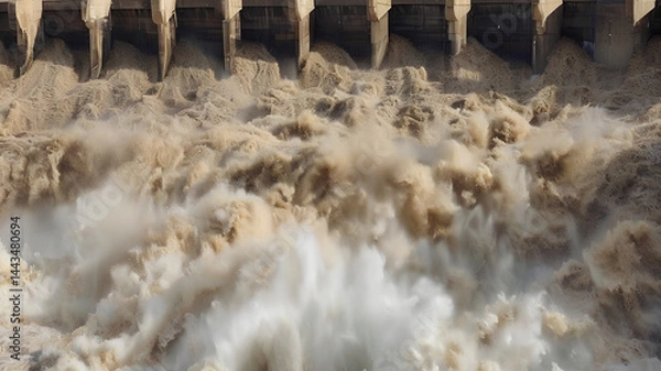 Obraz powerful water surge from massive dam culverts, dam overflow with forceful water release, dynamic flow from monumental concrete dam, massive, pressure, outflow, architecture