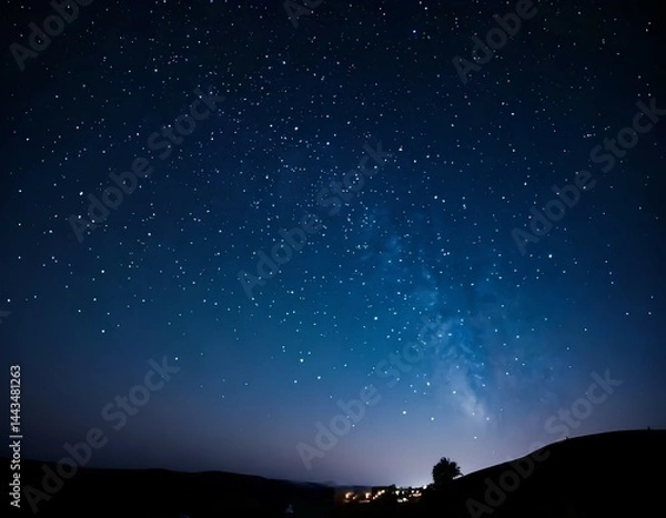 Obraz Starry night sky over silhouette landscape, glowing milky way in dark night, cosmic view above peaceful horizon, celestial, twinkle, light, glow, deep, blue, cosmic, serene, peaceful, dream, quiet