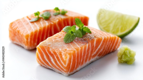 Fototapeta Two pieces of salmon with mint, lime and wasabi on a white background for a fresh and delicious culinary experience.