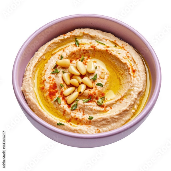 Fototapeta Hummus bowl with pine nuts on transparent background