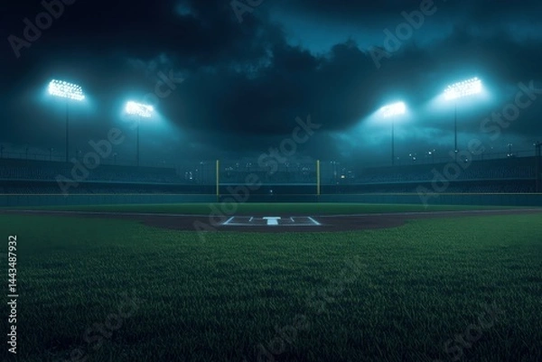 Fototapeta A dramatic night view of a deserted baseball field, illuminated under stadium lights.