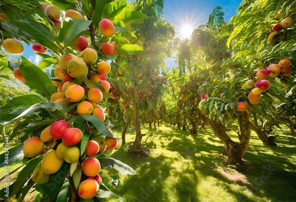 Fototapeta Red plums and ripe peaches fill the orchard trees, creating a unique and striking perspective.
