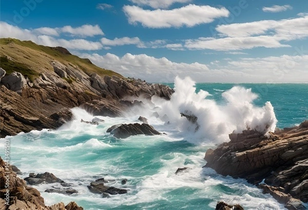 Fototapeta Powerful waves crash through the rocky cliffs, surging past the jagged edges of large boulders.

