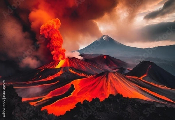 Fototapeta fiery red volcano glows intensely, contrasting against a calm, peaceful mountain range in the background.

