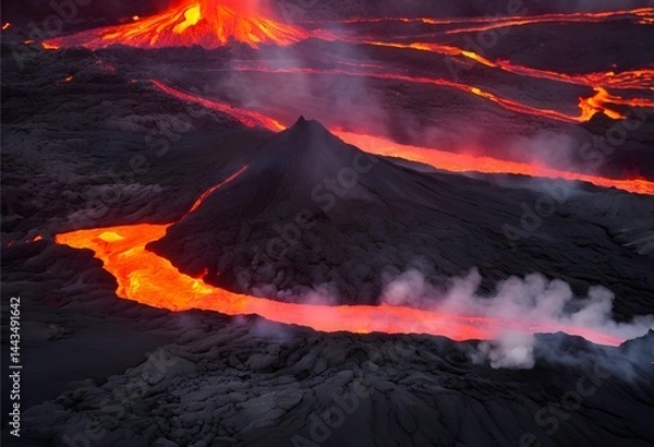 Fototapeta Hot, molten lava flows perilously through dangerous ground fissures, creating a threatening and hazardous landscape.
