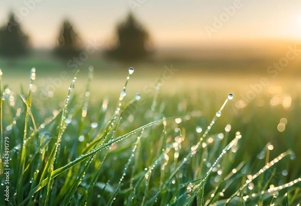 Fototapeta Countless dewdrops glisten on grass tips in the morning, beautifully reflecting the warm, rising sunlight.
