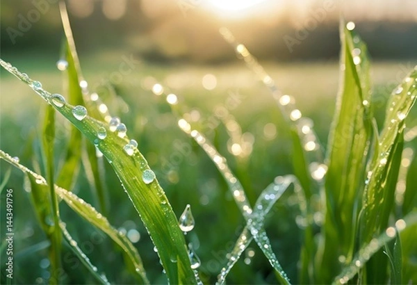 Fototapeta Countless dewdrops glisten on grass tips in the morning, beautifully reflecting the warm, rising sunlight.
