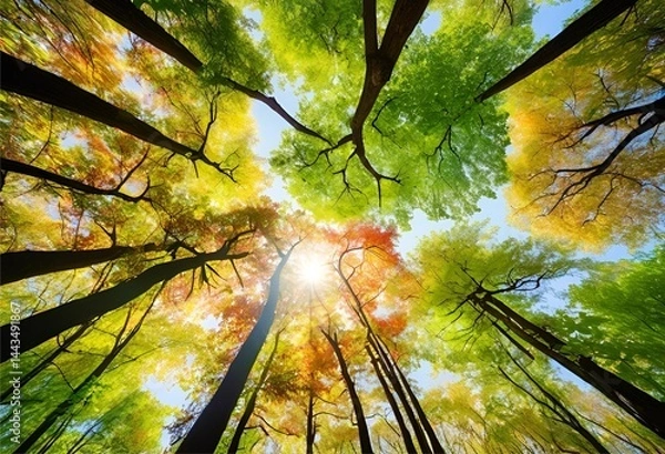 Fototapeta dense spring forest with vibrant, diverse colors, captured from an aerial view, creating a unique atmosphere.
