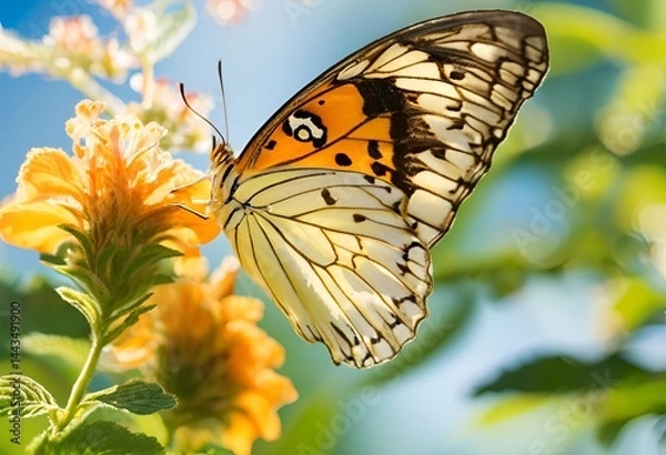 Fototapeta vibrant butterfly rests on a bright yellow flower, showcasing beautiful colors in the sunlight.
