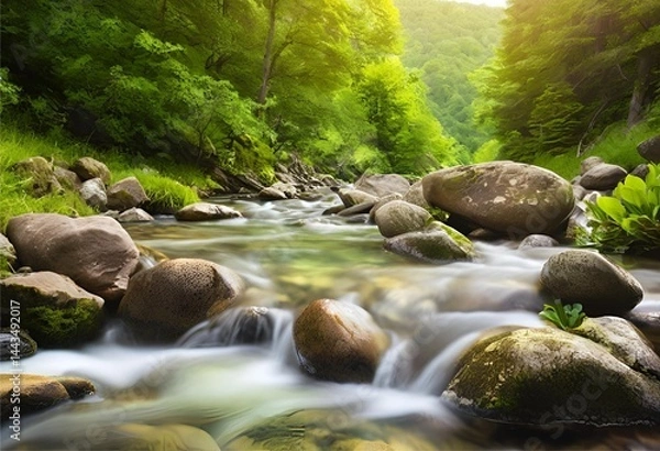 Fototapeta gentle stream flows over rocks, creating a soothing waterfall through the peaceful mountain forest.
