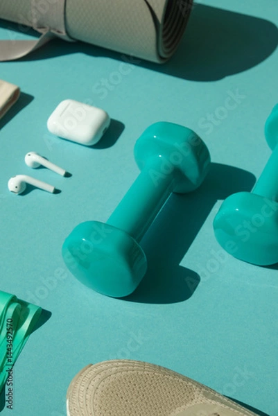 Obraz Sport or workout concept flat lay with blue dumbbells, yoga mat and white wireless headphones on the blue teal background