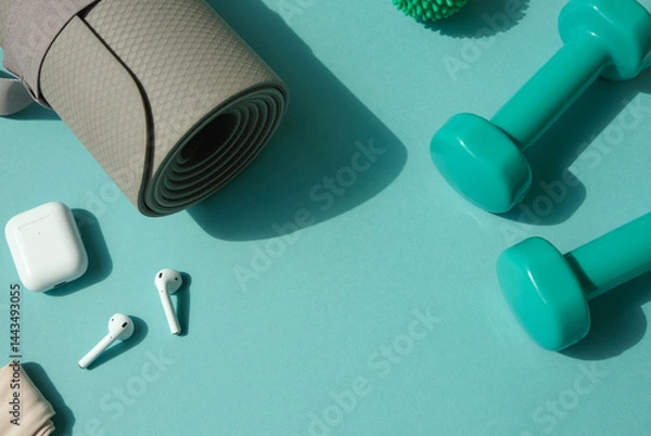 Obraz Sport or workout concept flat lay with blue dumbbells, yoga mat and white wireless headphones on the blue background. Copy space