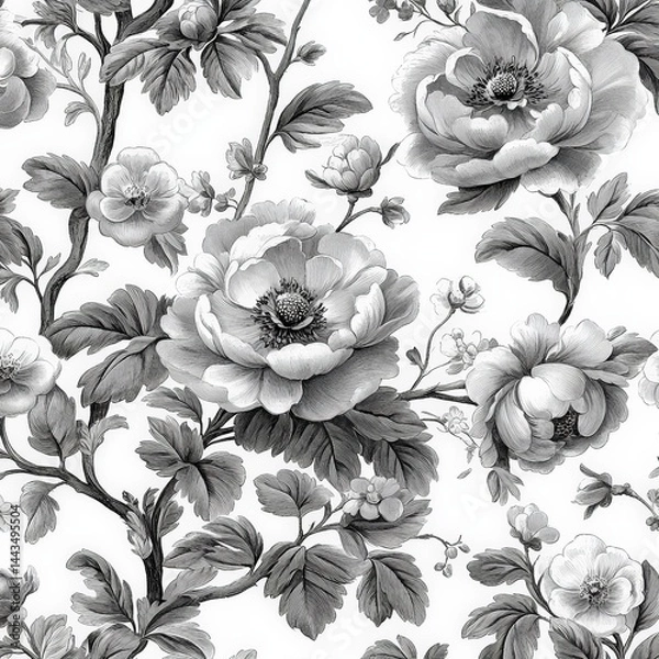 Obraz Elegant Black and White Floral Pattern with Delicate Flower Design