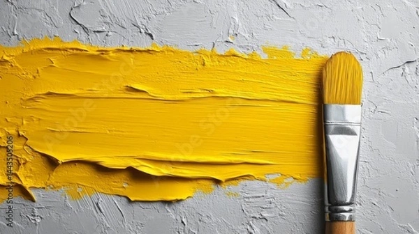 Fototapeta A minimalistic design featuring a brush beside a thick stroke of bright yellow paint on a textured gray background