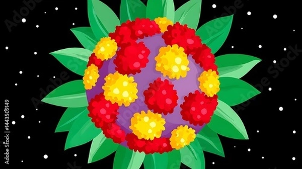 Fototapeta Abstract floral arrangement, vibrant colors with surrounding green leaves. Surrounded by white dots on black