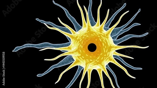 Fototapeta Detailed illustration of a cellular structure with spiky extensions. Bright yellow core, dark background