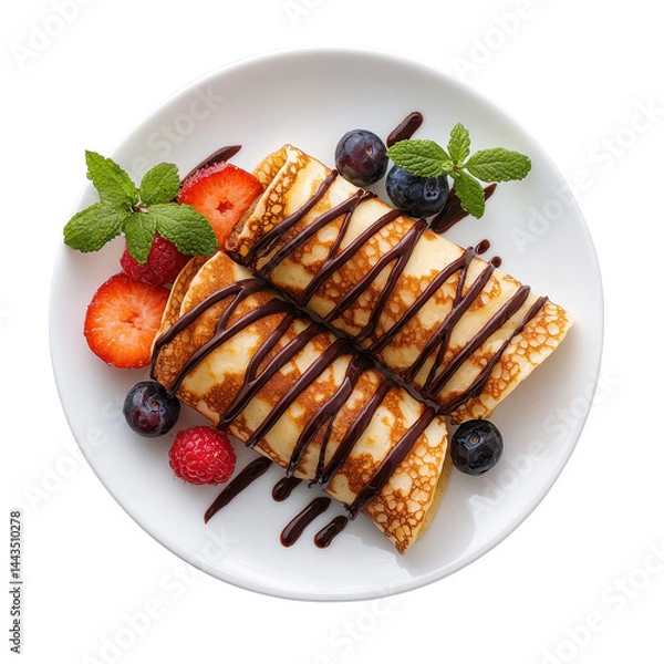 Obraz Delicious crispy crepes filled with sweet cream topped with chocolate drizzle fresh berries and mint on transparent background for dessert or snack.
