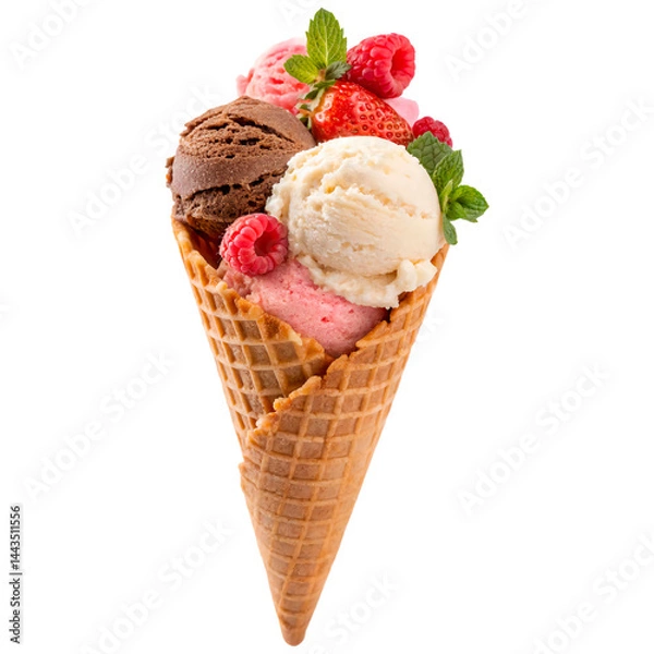 Fototapeta Triple Scoop Ice Cream Cone with Berries and Mint. Isolated on Transparent Background PNG