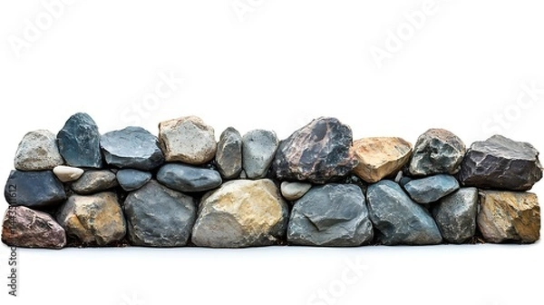 Fototapeta A low wall made of various sized rocks against a white background