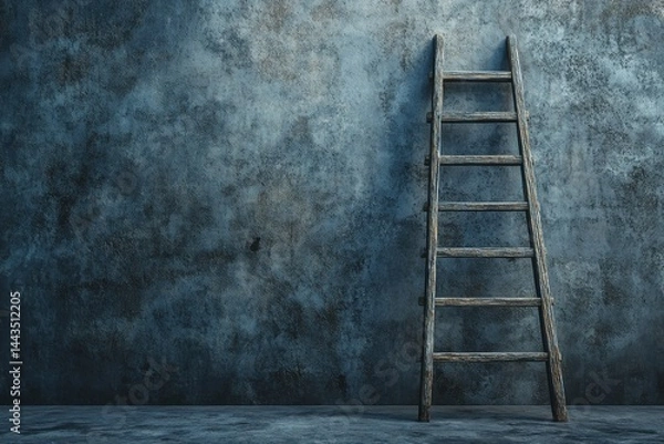 Fototapeta A sturdy wooden ladder stands against a textured gray wall, creating a sense of depth and mystery in the space.