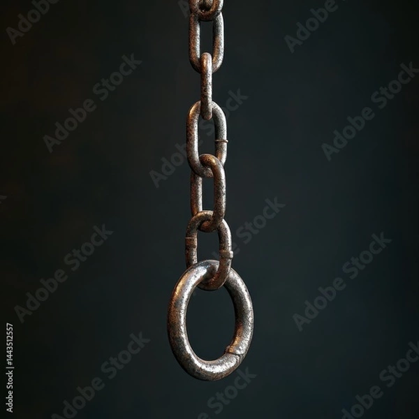 Fototapeta Close-up of an old, rusted metal chain hanging against a dark background, showcasing its textures and imperfections.