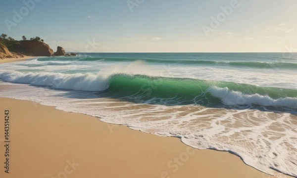 Fototapeta Emerald green waves curl and break over a golden sandy beach , beach, image