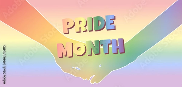 Fototapeta Colorful rainbow gradient background with two hands holding and Pride Month text, symbolizing love and inclusivity.
