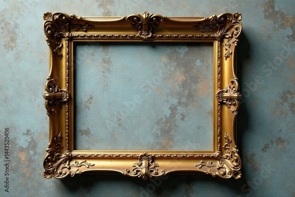 Fototapeta Empty ornate gold frame on weathered concrete , grey, shadow