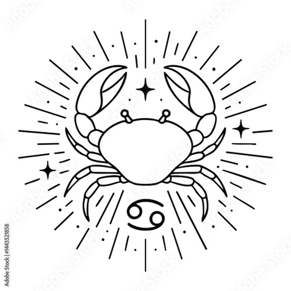 Obraz Cancer Zodiac Crab with Celestial Rays and Stars – Mystical Line Art