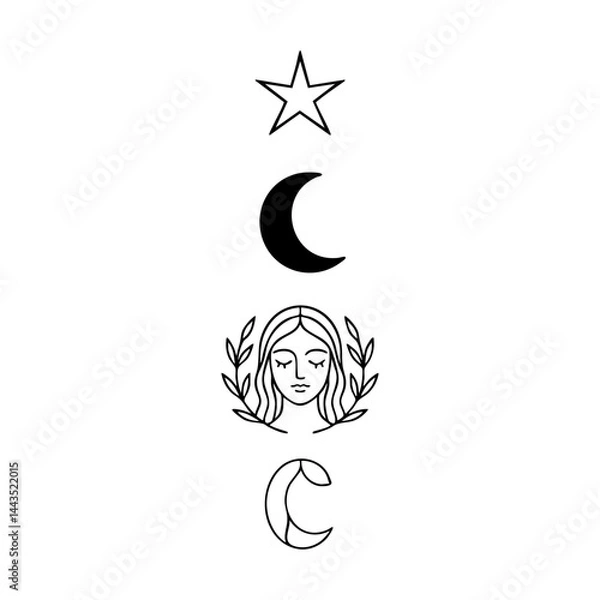 Obraz Virgo Zodiac Goddess with Star and Moons – Mystical Celestial Line Art