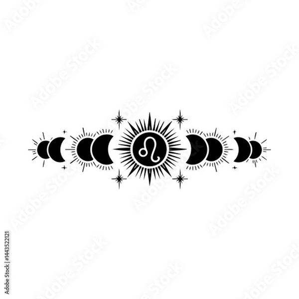 Obraz Leo Zodiac Symbol with Celestial Moon Phases and Radiant Sun – Mystical Line Art