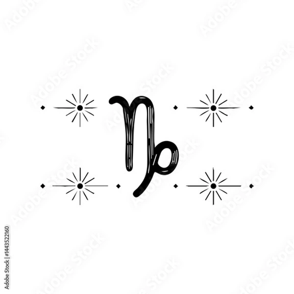 Obraz Capricorn Zodiac Symbol with Decorative Starbursts – Minimal Astrology Art