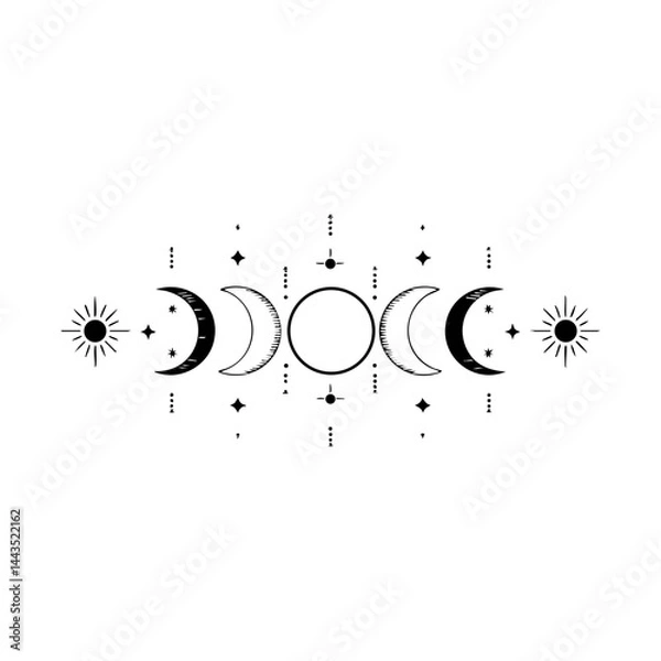 Obraz Moon Phases with Suns and Stars – Sacred Celestial Symmetry Illustration