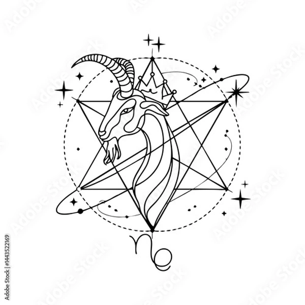 Obraz Capricorn Goat Head with Crown and Sacred Geometry – Celestial Line Art