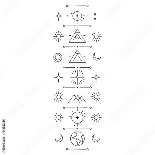 Obraz Sacred Geometry Vertical Design with Cosmic Symbols – Sun, Moon, Mountain, and Earth