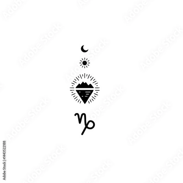 Obraz Minimal Capricorn Symbol with Mountain, Moon, and Sun – Spiritual Line Art