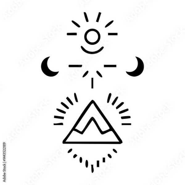 Obraz Abstract Mountain with Sun and Moon Phases – Minimal Celestial Line Art