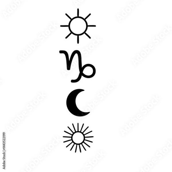 Obraz Capricorn Zodiac Symbol with Sun and Moon Celestial Icons – Minimal Line Art