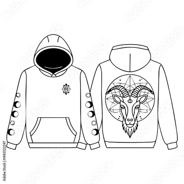 Obraz Mystical Hoodie Design Template with Goat Zodiac and Moon Phase Symbols