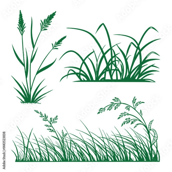 Fototapeta Green grass tufts, simple vector isolated elements,flat design,lawn border,grass blades, minimalist nature graphics,2D grass patches