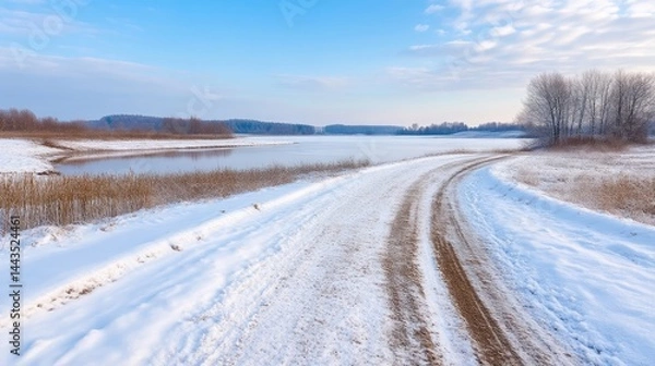 Obraz Winding road through snowy landscape