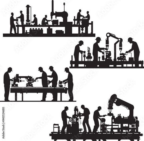 Fototapeta Factory Workers Operating Machinery silhouette vector