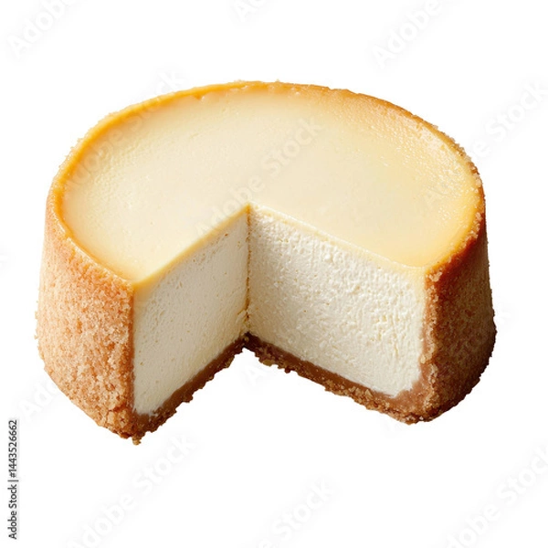 Obraz Delicious creamy cheesecake with a smooth texture and a golden brown crust, featuring a slice removed revealing rich, velvety interior perfect for dessert on transparent background