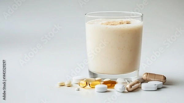 Fototapeta A glass of protein shake with pills on a white surface in 