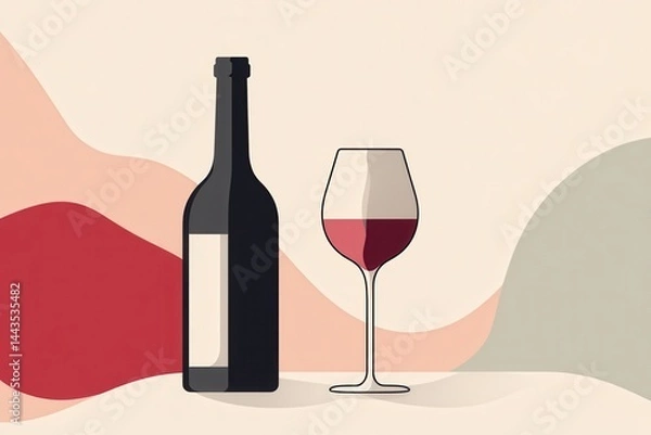 Fototapeta A minimalist illustration of a wine bottle and glass against an abstract background design style