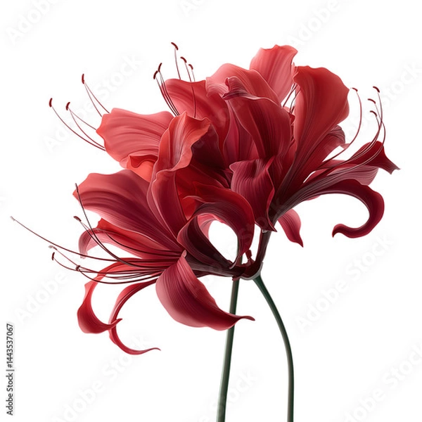 Fototapeta Red spider lily with curled petals on plain bright white background no shadows, ultra-detailed floral image