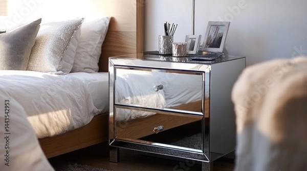 Fototapeta Modern mirrored nightstand in a bright bedroom