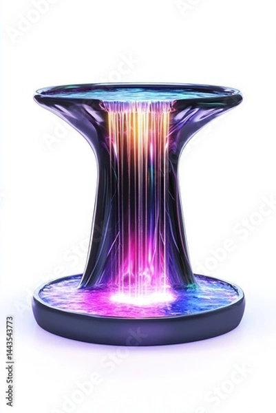 Obraz Futuristic fountain with curved glossy structure and vibrant multicolor water streams glowing in neon hues