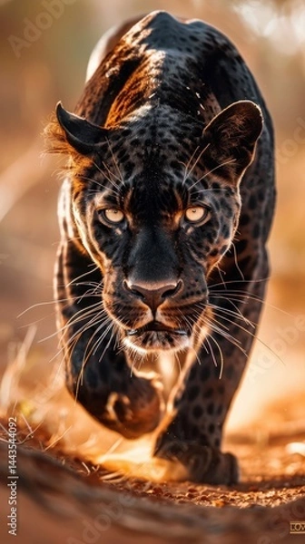 Fototapeta A Powerful black panther walking directly toward the camera, staring intensely into the lens, natural savannah environment, dramatic golden hour lighting, cinematic depth of field, highly detailed