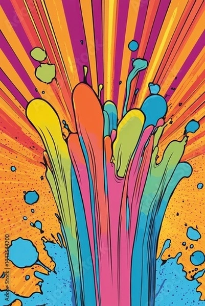 Fototapeta Splash of vibrant rainbow-colored paint erupts upward in a dynamic pop art style with bold lines and an orange background filled with radiant rays and splatters